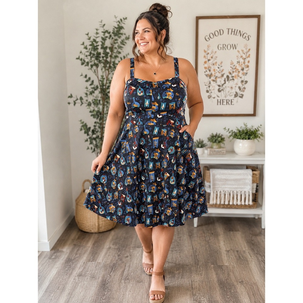Eva Rose 3X Apothecary Potion Bottle Mushroom Print Fit Flare Dress Navy Witch